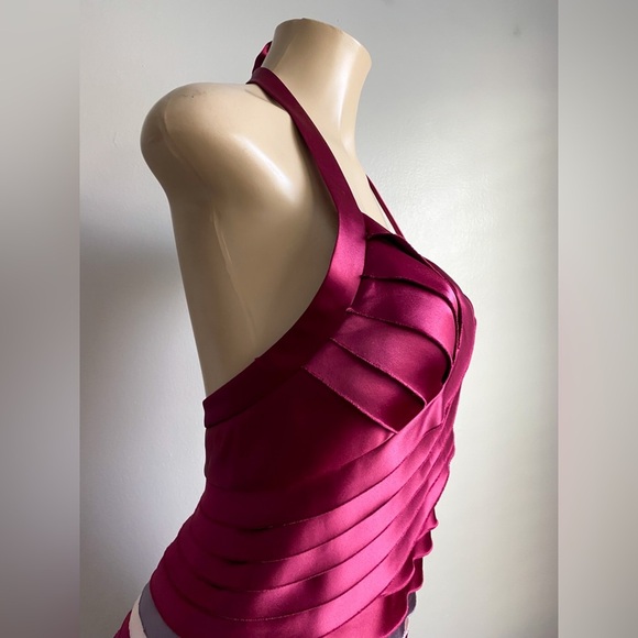 BCBGMAXAZRIA Satin Tiered Halter Y2K Mini Bodycon Backless Shutter Pleatef Dress - Picture 4 of 11